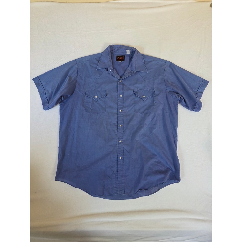 Plains Western Wear Shirt Pearl Snap Short Sleeve XL Blue‎ Cowboy Workwear Rodeo